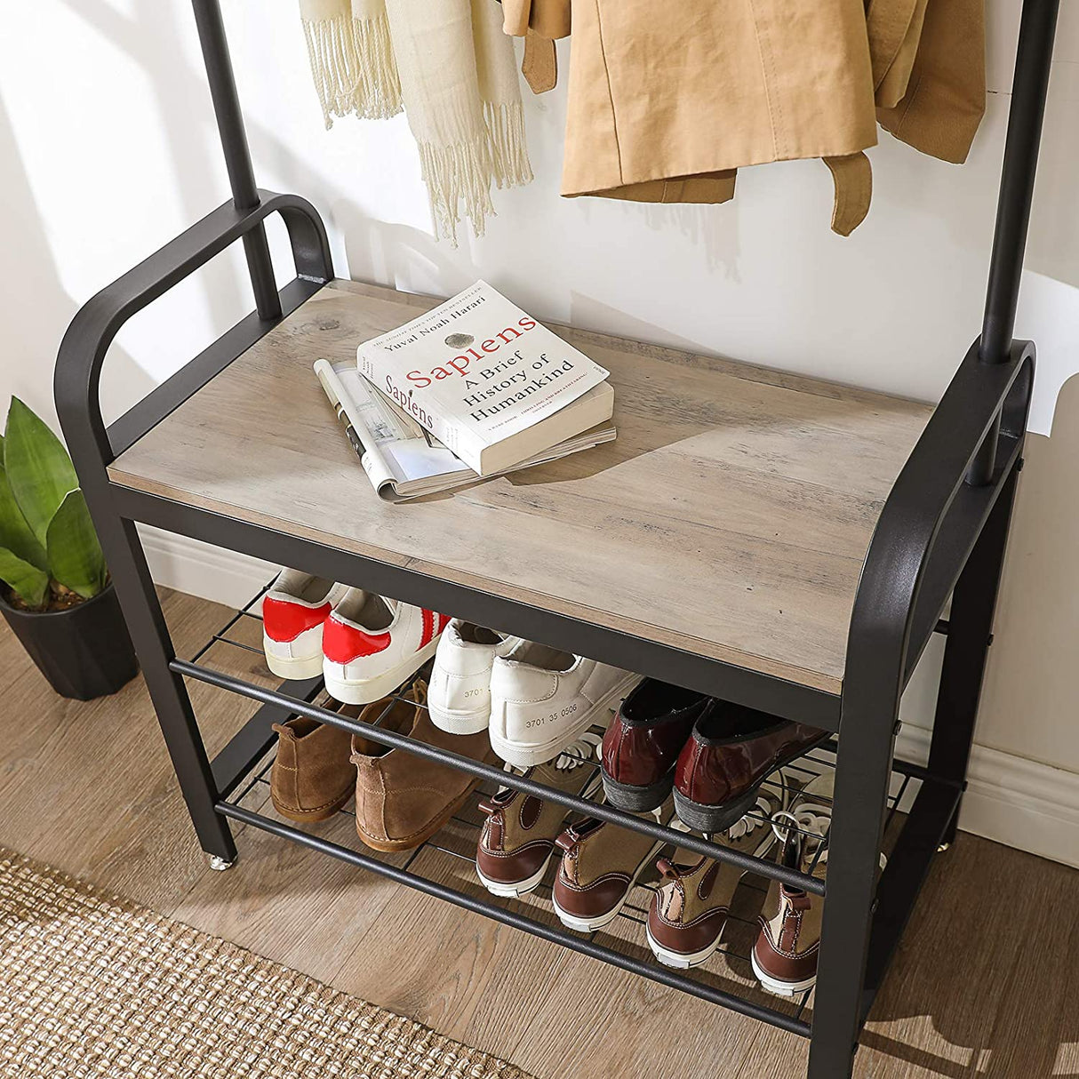 Stylish Greige and Black Steel Coat Rack with Bench and Shoe Storage, Height 183 cm