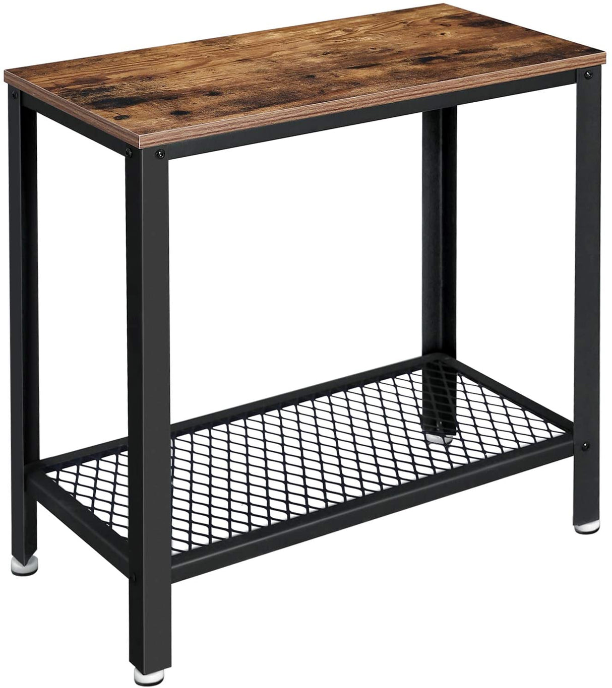 Rustic Industrial 2-Tier Side Table with Mesh Shelf and Metal Frame