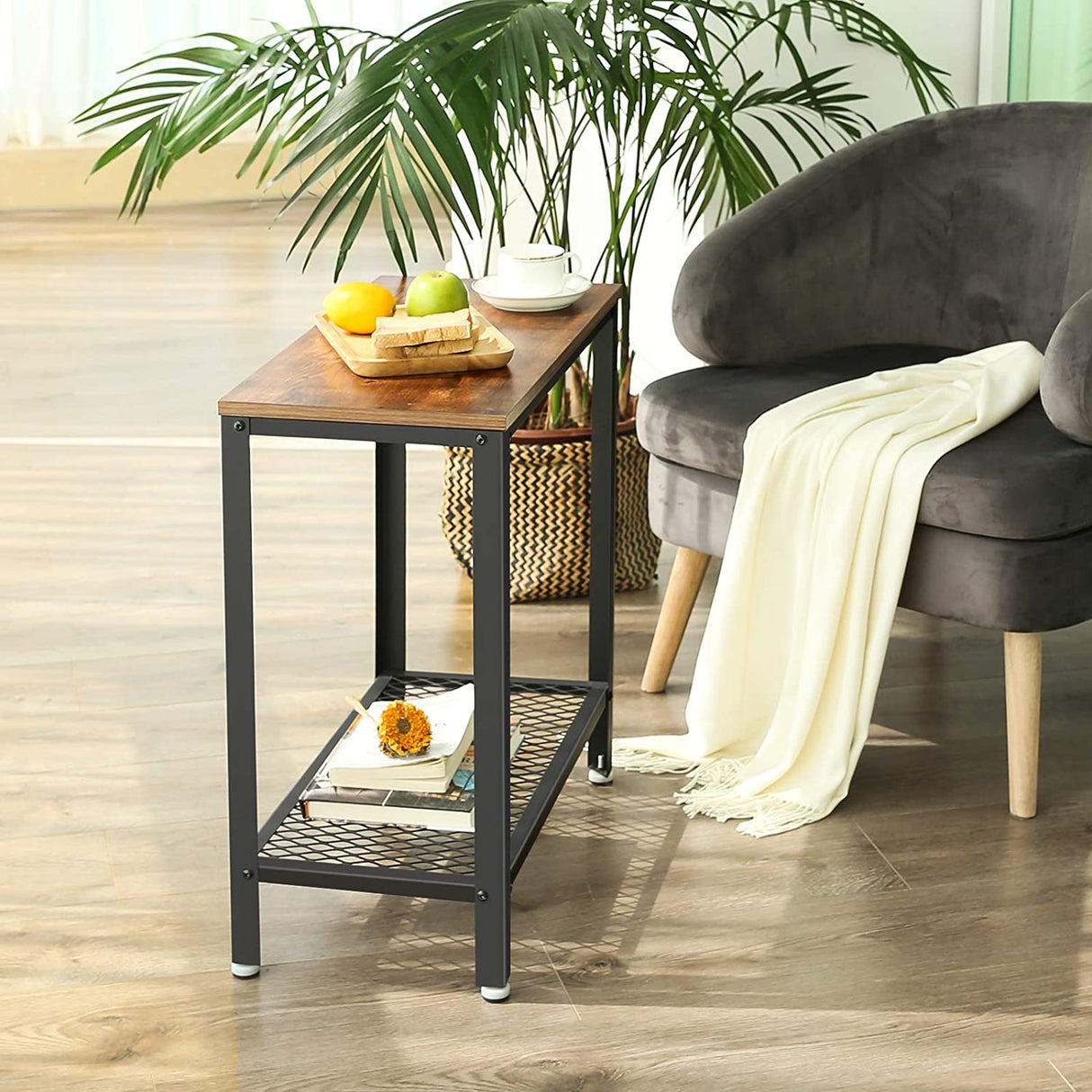 Rustic Industrial 2-Tier Side Table with Mesh Shelf and Metal Frame