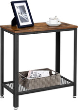 Rustic Industrial 2-Tier Side Table with Mesh Shelf and Metal Frame