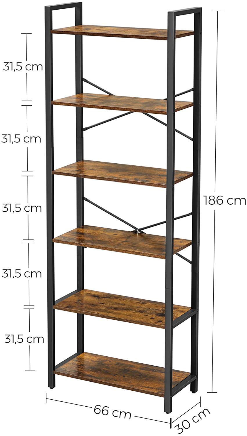 Industrial-Style 6-Tier Storage Shelf with Sturdy Steel Frame in Rustic Brown and Black, 186 cm Tall