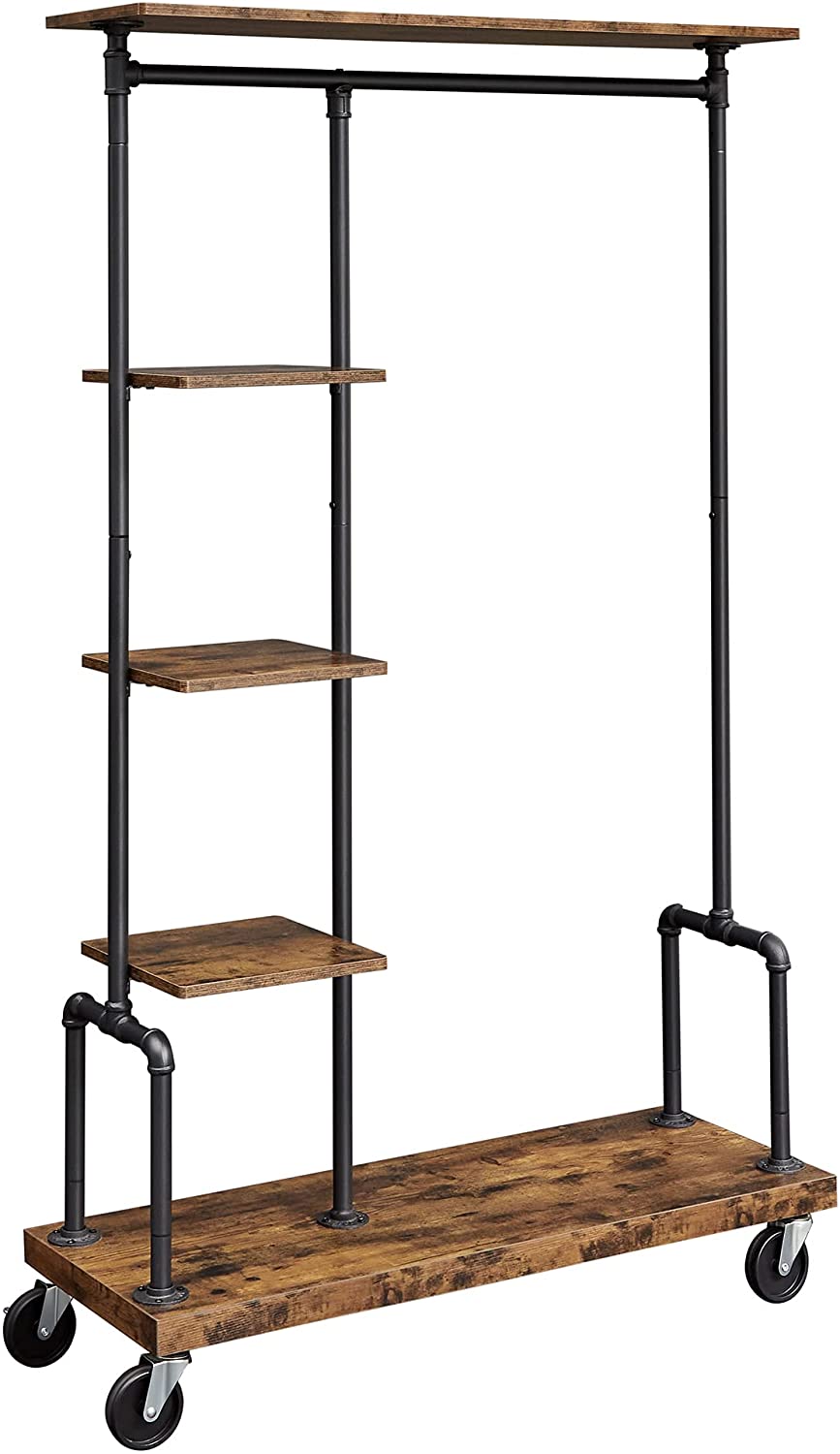 Mobile Rustic Industrial 5-Tier Clothing Rack with Wheels in Brown