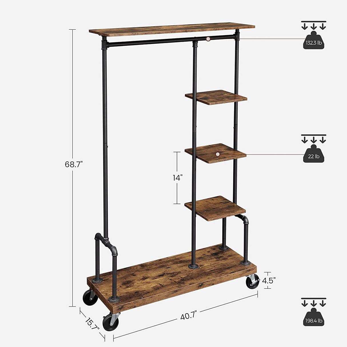 Mobile Rustic Industrial 5-Tier Clothing Rack with Wheels in Brown