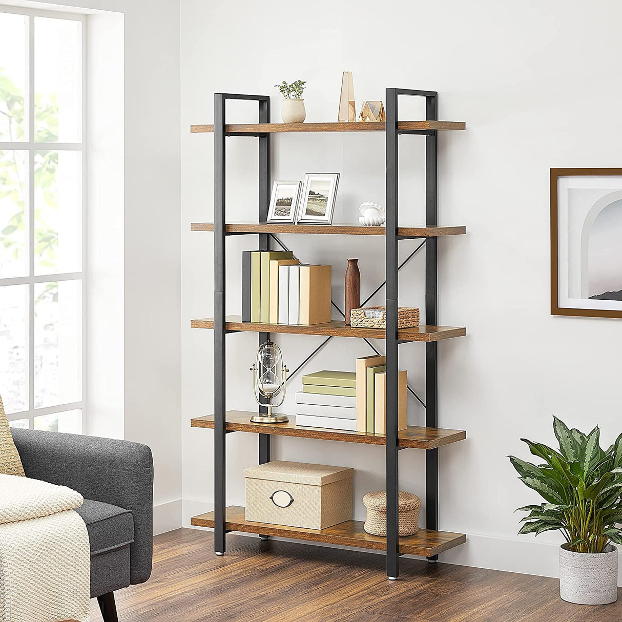 Rustic Industrial 5-Tier Bookshelf in Brown and Black