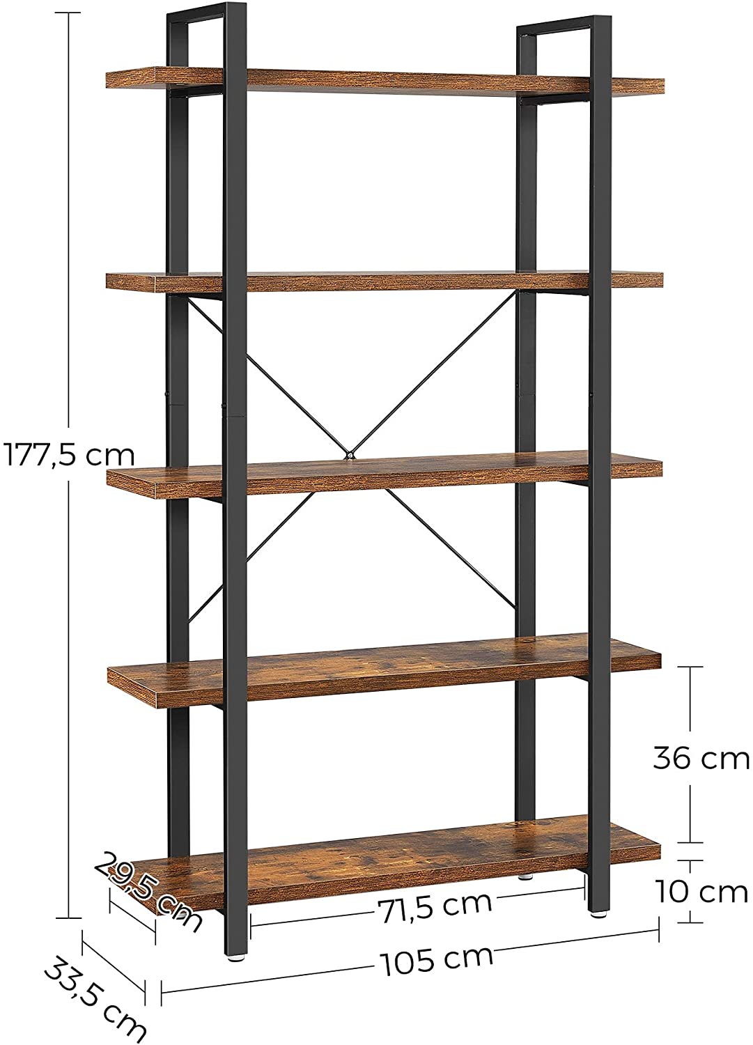 Rustic Industrial 5-Tier Bookshelf in Brown and Black