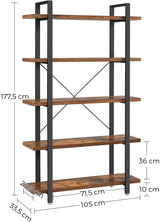 Rustic Industrial 5-Tier Bookshelf in Brown and Black