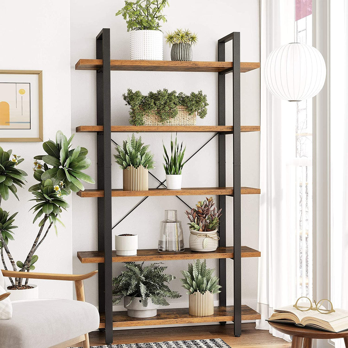 Rustic Industrial 5-Tier Bookshelf in Brown and Black