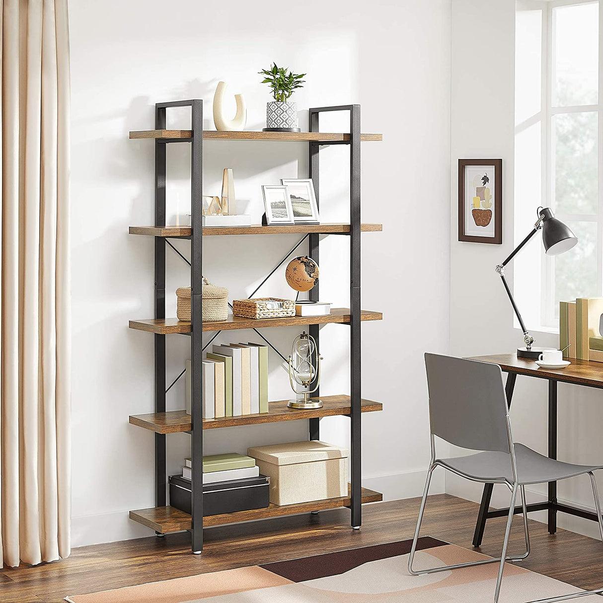 Rustic Industrial 5-Tier Bookshelf in Brown and Black