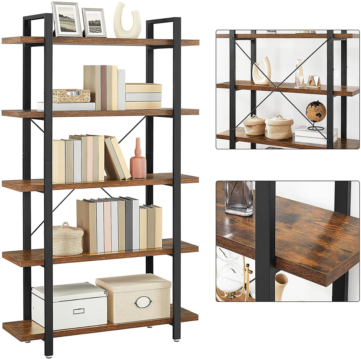 Rustic Industrial 5-Tier Bookshelf in Brown and Black