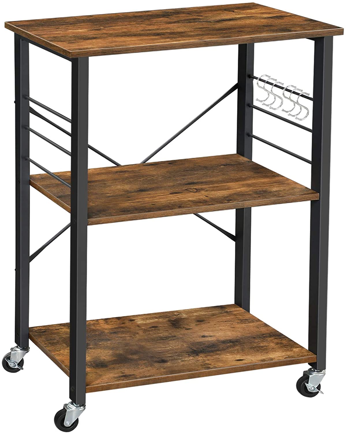 Rustic Brown 3-Tier Kitchen Baker's Rack Serving Cart with Metal Frame and 6 Hooks