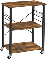 Rustic Brown 3-Tier Kitchen Baker's Rack Serving Cart with Metal Frame and 6 Hooks