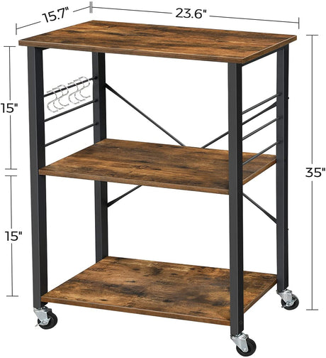 Rustic Brown 3-Tier Kitchen Baker's Rack Serving Cart with Metal Frame and 6 Hooks