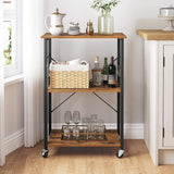 Rustic Brown 3-Tier Kitchen Baker's Rack Serving Cart with Metal Frame and 6 Hooks