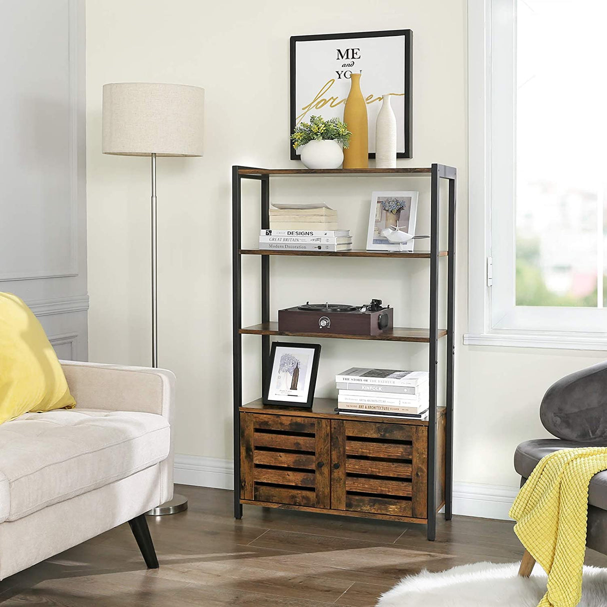 Industrial Rustic Brown Storage Cabinet with Louvred Doors and Three Shelves