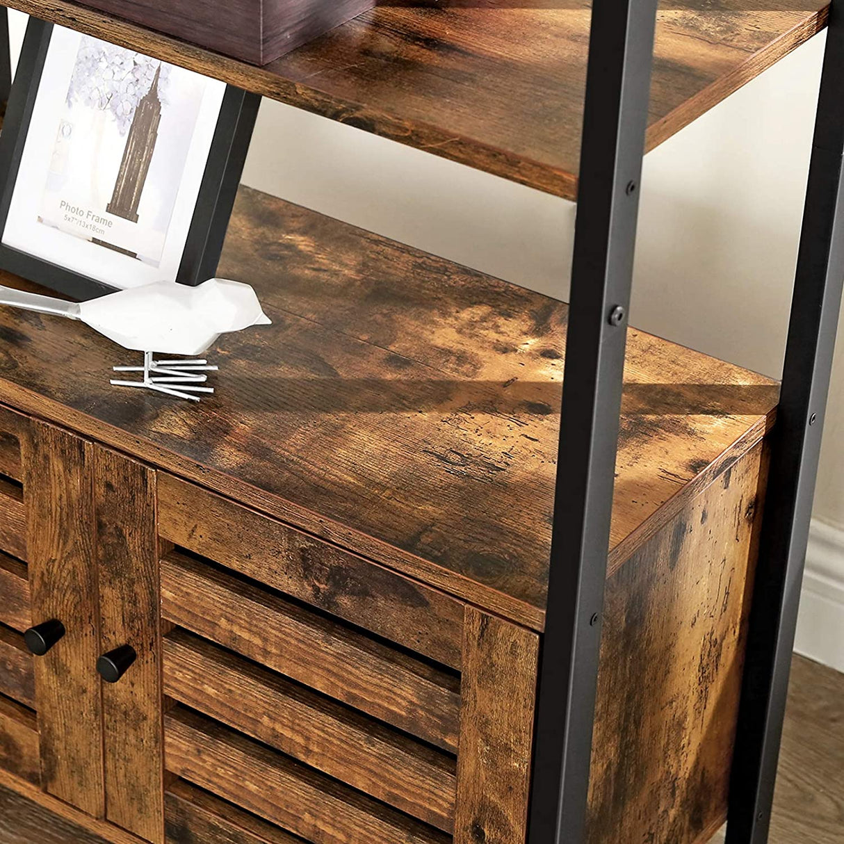 Industrial Rustic Brown Storage Cabinet with Louvred Doors and Three Shelves