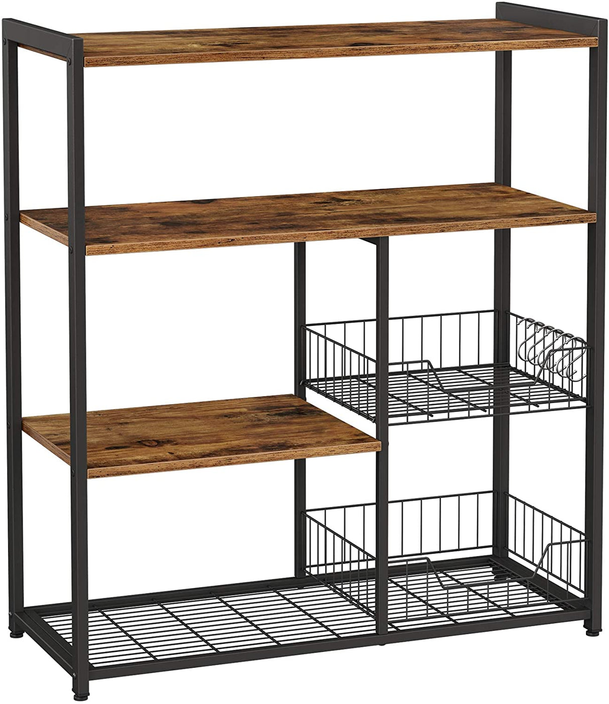 Industrial Rustic Kitchen Baker's Rack with Metal Baskets, Shelves, and Hooks - 80 x 35 x 95 cm