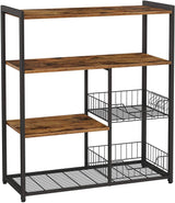 Industrial Rustic Kitchen Baker's Rack with Metal Baskets, Shelves, and Hooks - 80 x 35 x 95 cm