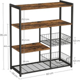 Industrial Rustic Kitchen Baker's Rack with Metal Baskets, Shelves, and Hooks - 80 x 35 x 95 cm