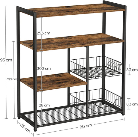 Industrial Rustic Kitchen Baker's Rack with Metal Baskets, Shelves, and Hooks - 80 x 35 x 95 cm