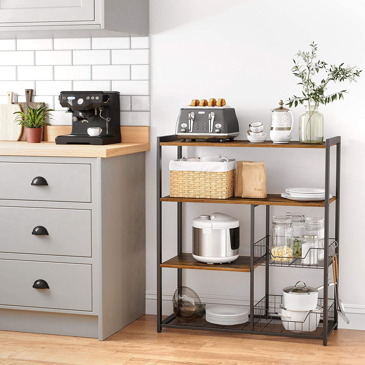 Industrial Rustic Kitchen Baker's Rack with Metal Baskets, Shelves, and Hooks - 80 x 35 x 95 cm