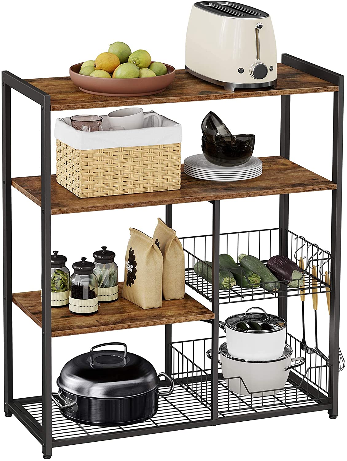 Industrial Rustic Kitchen Baker's Rack with Metal Baskets, Shelves, and Hooks - 80 x 35 x 95 cm