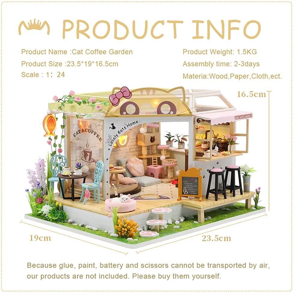 Miniature Dollhouse with Furniture, Music Movement, and Dust Cover - Cat Café Theme (Perfect Valentine's Day Gift)