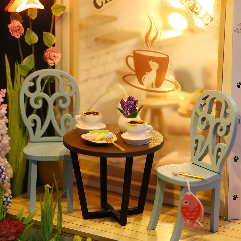 Miniature Dollhouse with Furniture, Music Movement, and Dust Cover - Cat Café Theme (Perfect Valentine's Day Gift)