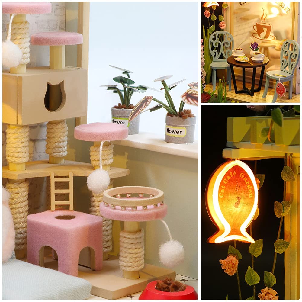 Miniature Dollhouse with Furniture, Music Movement, and Dust Cover - Cat Café Theme (Perfect Valentine's Day Gift)