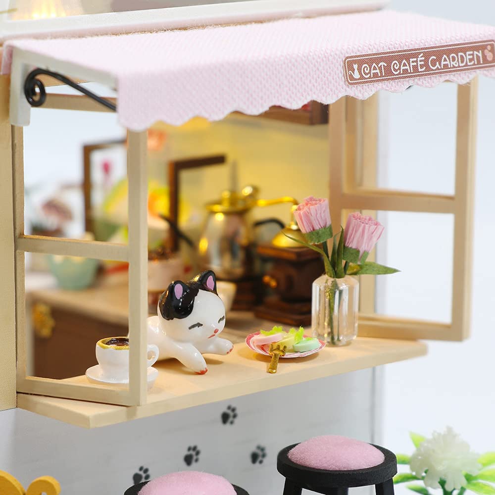 Miniature Dollhouse with Furniture, Music Movement, and Dust Cover - Cat Café Theme (Perfect Valentine's Day Gift)