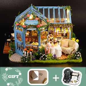 Rosa Garden Tea Dollhouse Miniature with Furniture Kit, Music Movement & Dust Protection