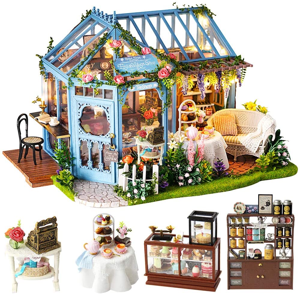 Rosa Garden Tea Dollhouse Miniature with Furniture Kit, Music Movement & Dust Protection