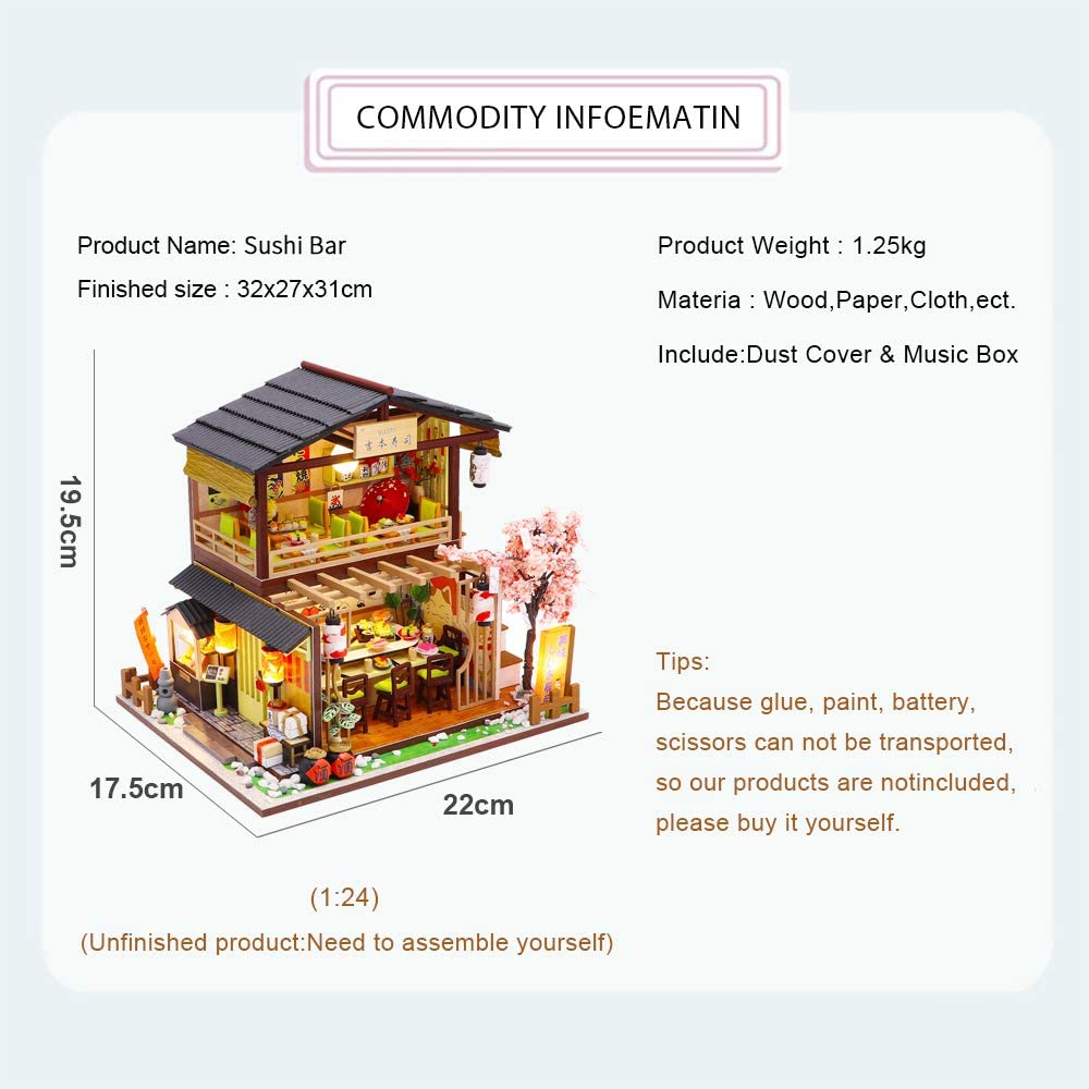 Asian-Inspired Dollhouse Miniature with Furniture Set and Music Movement - 1:24 Scale Dream Room