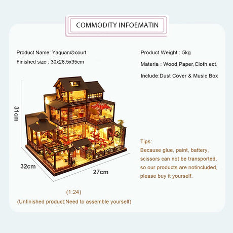 Creative Asian Dollhouse Miniature with Furniture Set, Dustproof Design, and Musical Movement - 1:24 Scale Dream Room