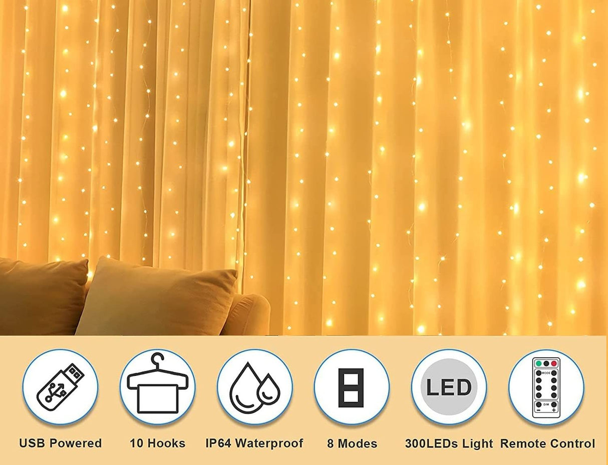 300 LED USB Curtain Fairy Lights with Remote Control and 8 Lighting Modes for Weddings, Parties, and Home Decor