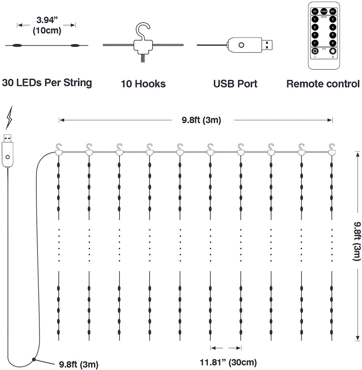 300 LED USB Curtain Fairy Lights with Remote Control and 8 Lighting Modes for Weddings, Parties, and Home Decor