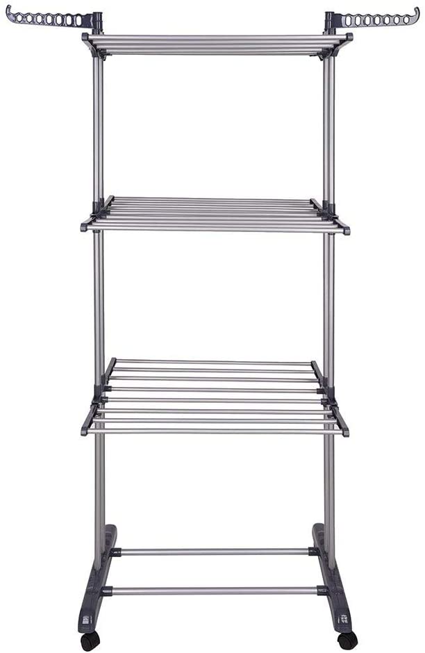 Multifunctional 3-Tier Collapsible Laundry Drying Rack with Hanger Stand for Indoor Use