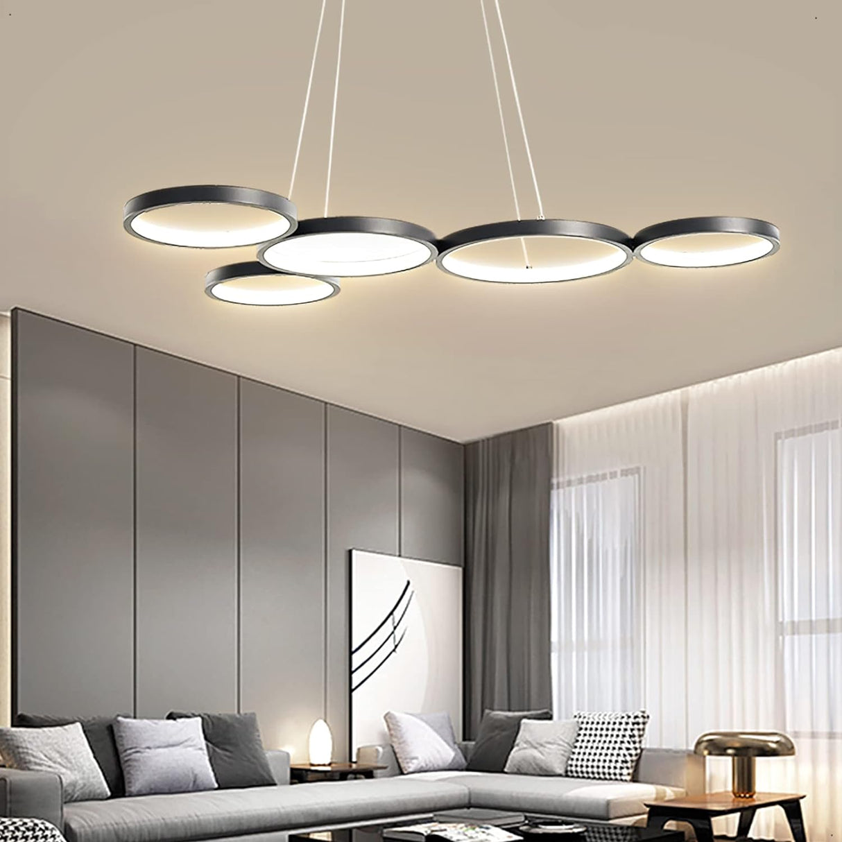 Smart LED Black Pendant Light with Remote Control - 54W Adjustable Ceiling Fixture