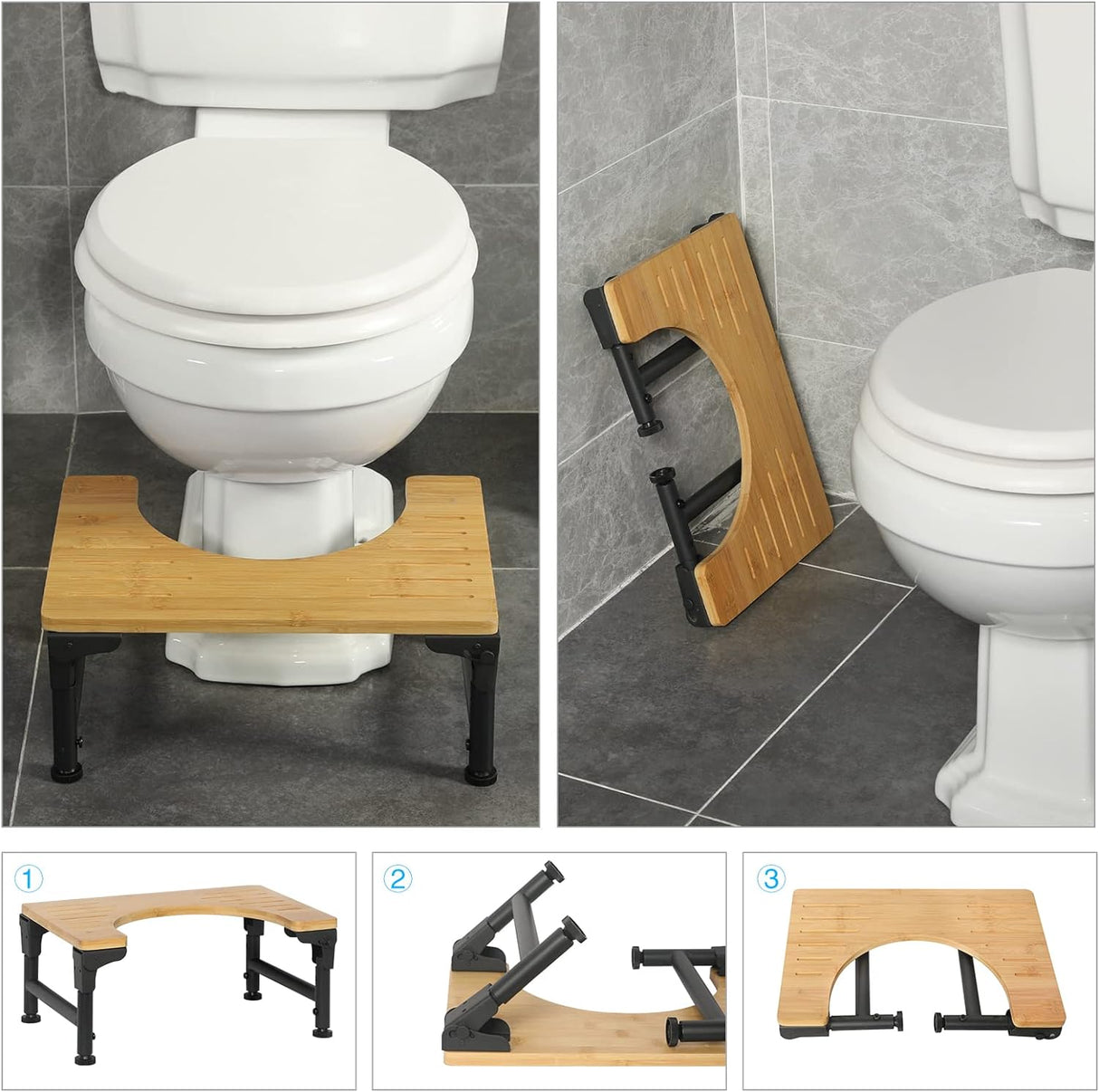 Bamboo Toilet Stool Foldable and Adjustable Height with Non-Slip Layer for Bathroom