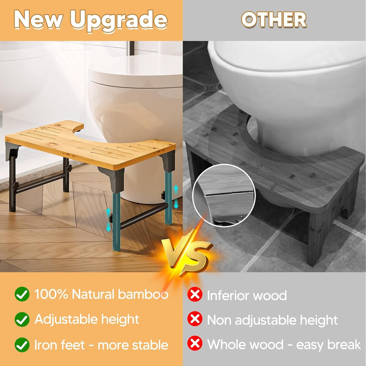 Bamboo Toilet Stool Foldable and Adjustable Height with Non-Slip Layer for Bathroom