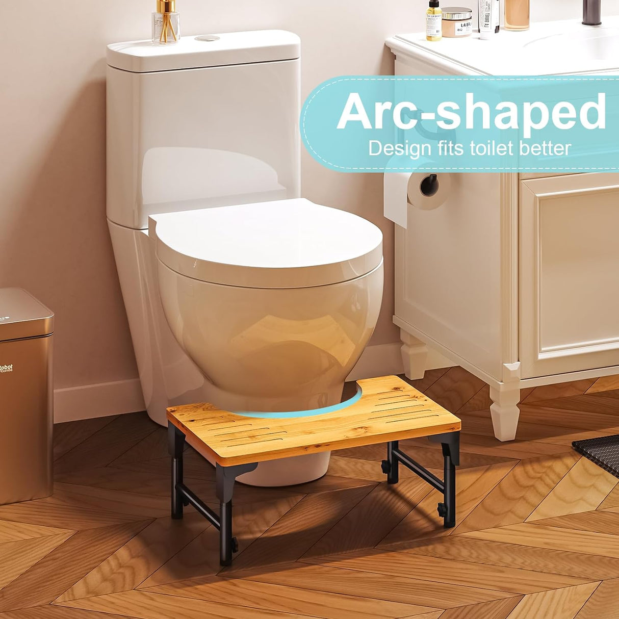 Bamboo Toilet Stool Foldable and Adjustable Height with Non-Slip Layer for Bathroom