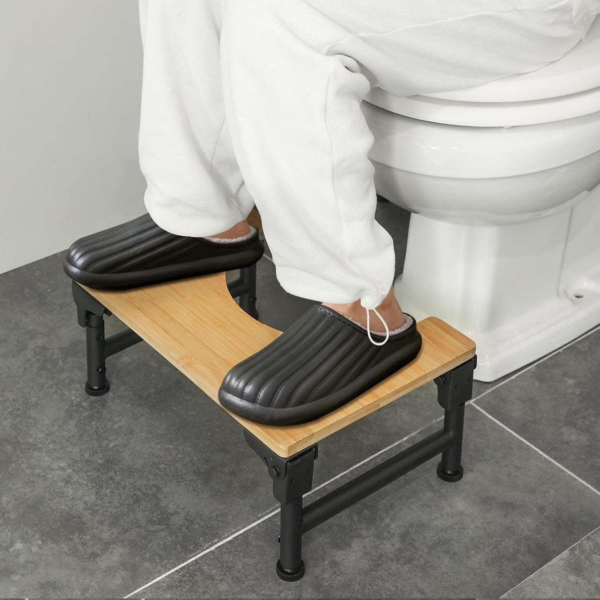 Bamboo Toilet Stool Foldable and Adjustable Height with Non-Slip Layer for Bathroom