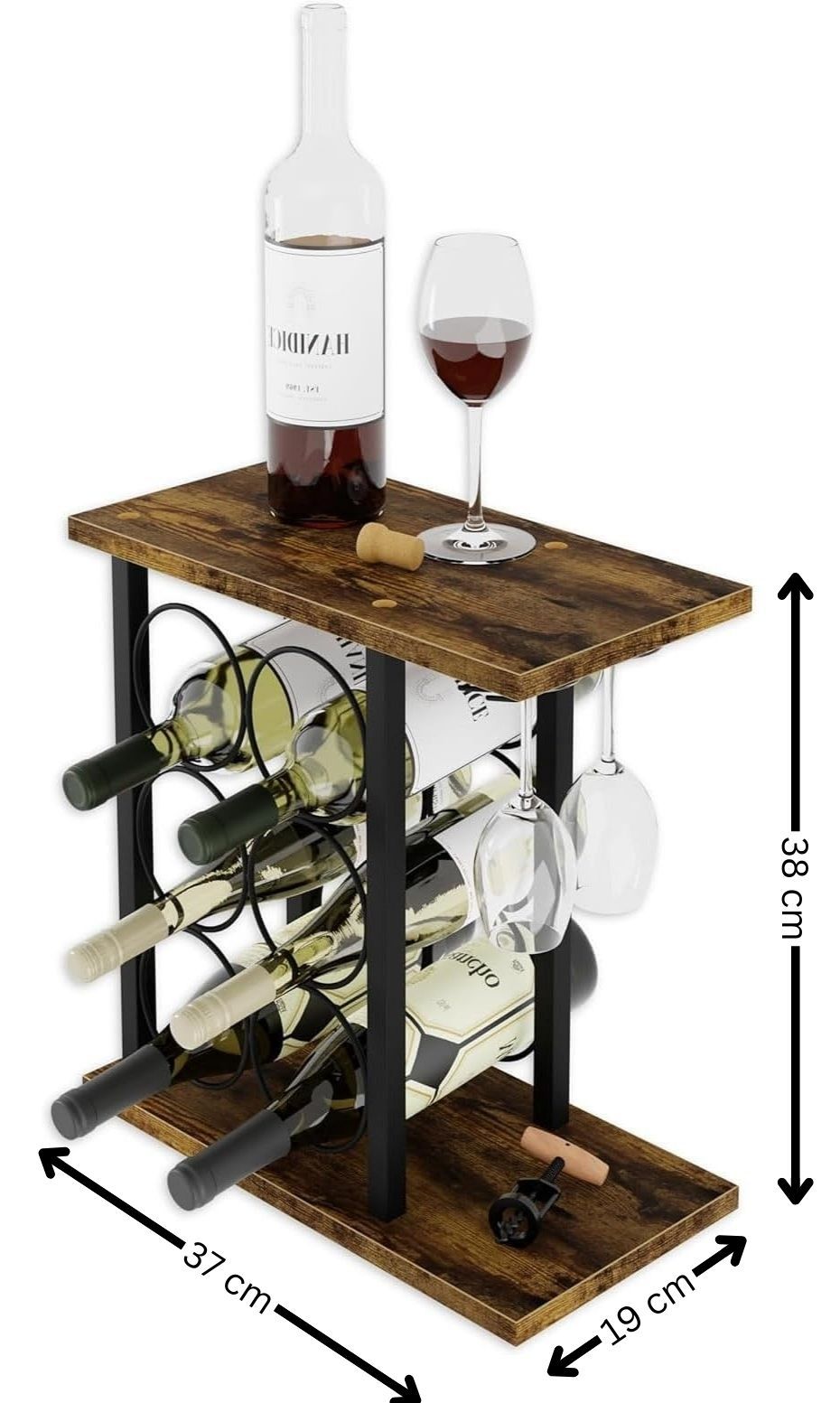 Wine Rack Countertop Wooden & Metal Holder for 6 Bottles & 2 Glasses