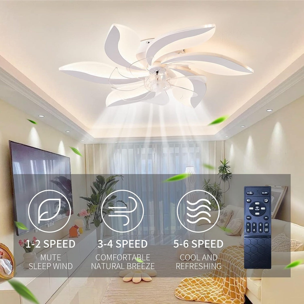 Modern Low-Profile Ceiling Fan Light with Remote Control and APP, 68cm - 6 Speed & 3 Color Options