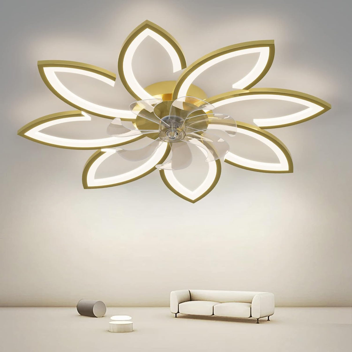 Stylish Gold Ceiling Fan with Integrated Light, 6 Speed Settings, 3 Color Options (90cm)