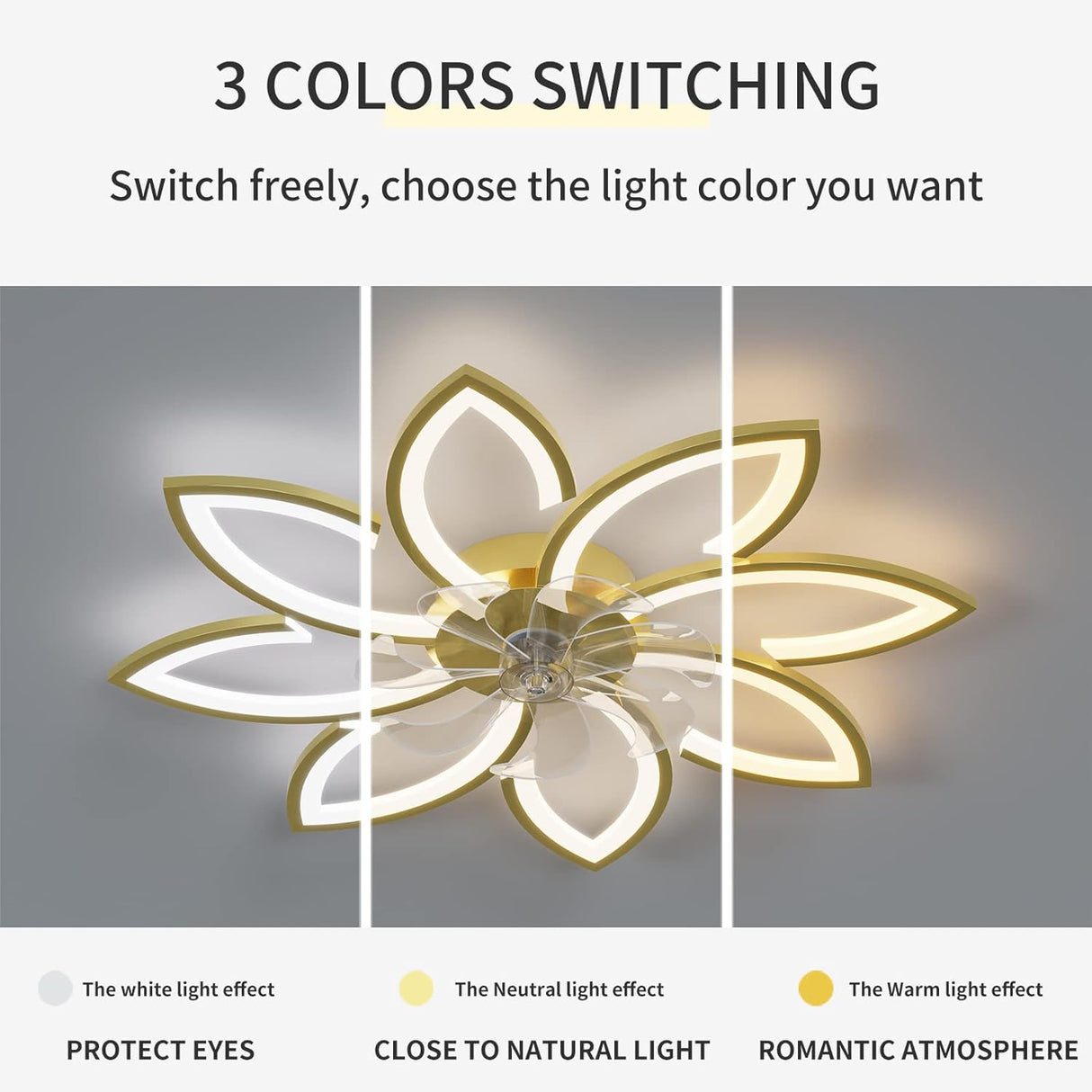 Stylish Gold Ceiling Fan with Integrated Light, 6 Speed Settings, 3 Color Options (90cm)