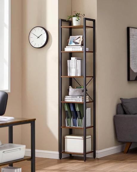 Slim 6-Tier Industrial-Style Bookshelf in Rustic Brown and Black