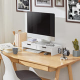 Adjustable White Monitor Stand with Dual Drawer Storage