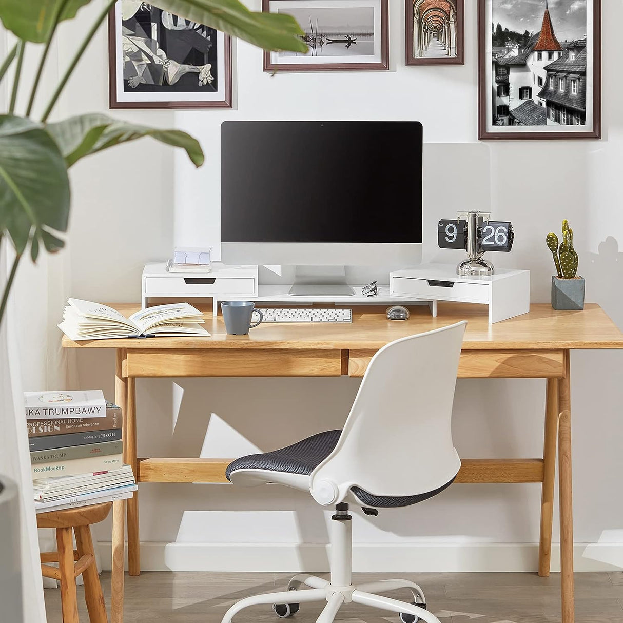 Adjustable White Monitor Stand with Dual Drawer Storage