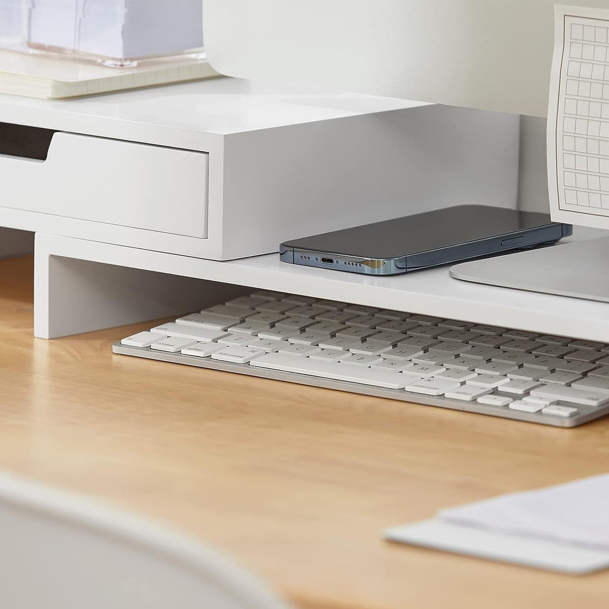 Adjustable White Monitor Stand with Dual Drawer Storage