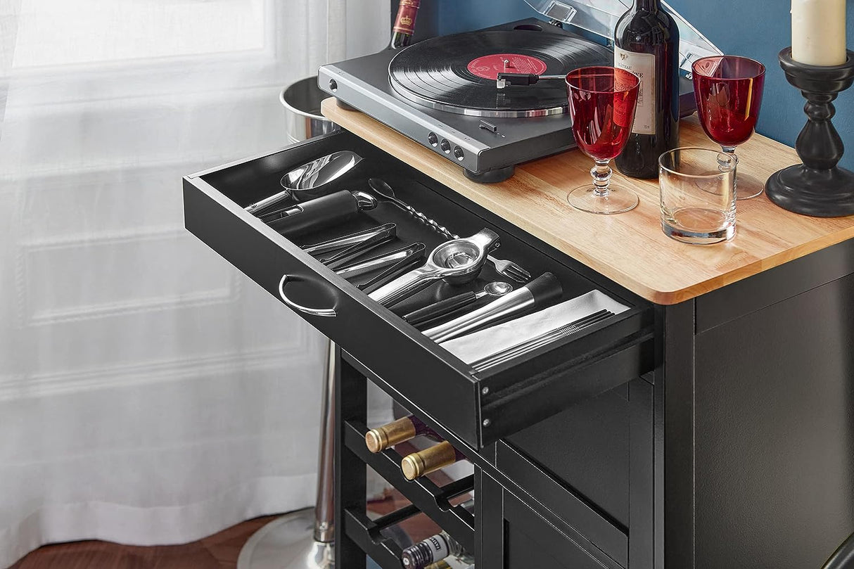 Mobile Wine Storage Trolley with Drawer and Cabinets